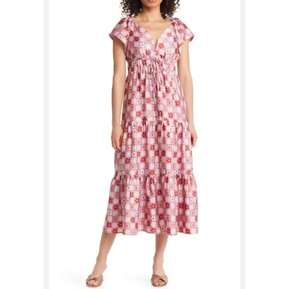 BTFL-life Florian Floral Grid Midi Tiered Dress in Pink Multi In Size S. NWOT - Picture 1 of 9